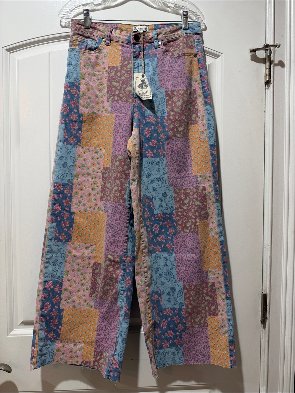 easel Patchwork Floral Wide-Leg Jeans in Blue, Pink, Purple, Yellow
